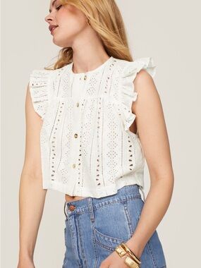 Blank NYC White Eyelet Ruffle-Sleeve Button Front Crop Top